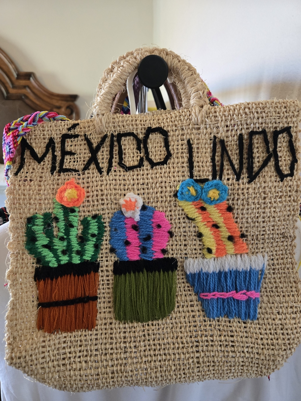 Handwoven Itxle Mexico Embroidered Cactus Tote Bag - Natural